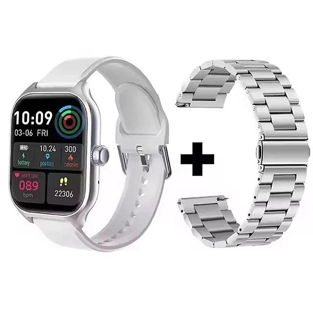 Smartwatch with white silicone band and silver metal link bracelet, 2.01-inch display, fitness tracker