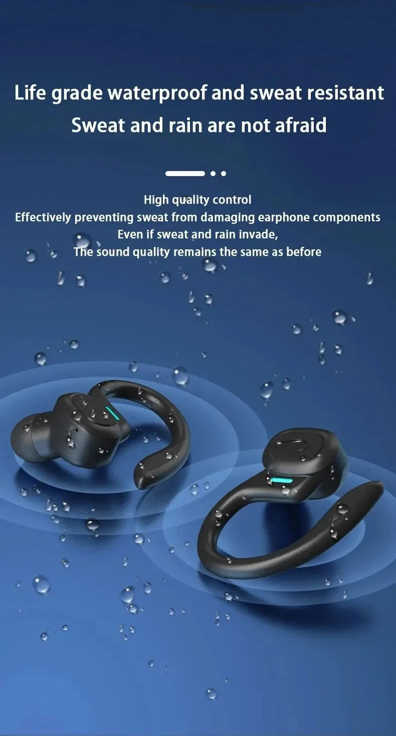 Black sport ear hook earbuds with water droplets, showing waterproof design