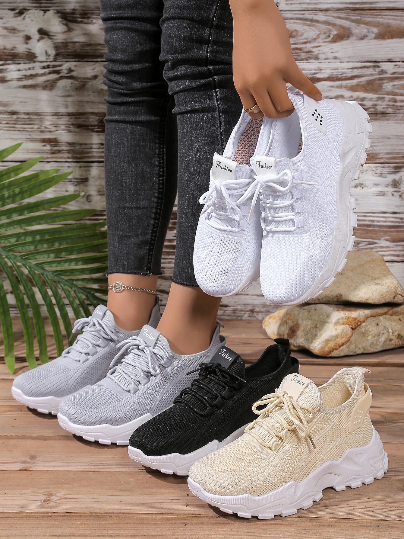 Women's breathable mesh athletic sneakers with thick soles; four pairs shown in white, gray, black, beige.