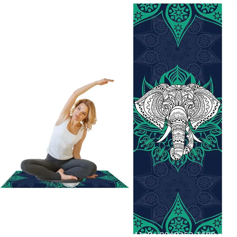 Mat-Sized Yoga Towel Cedar & Moore; navy teal elephant mandala, non-slip microfiber 185x64 cm