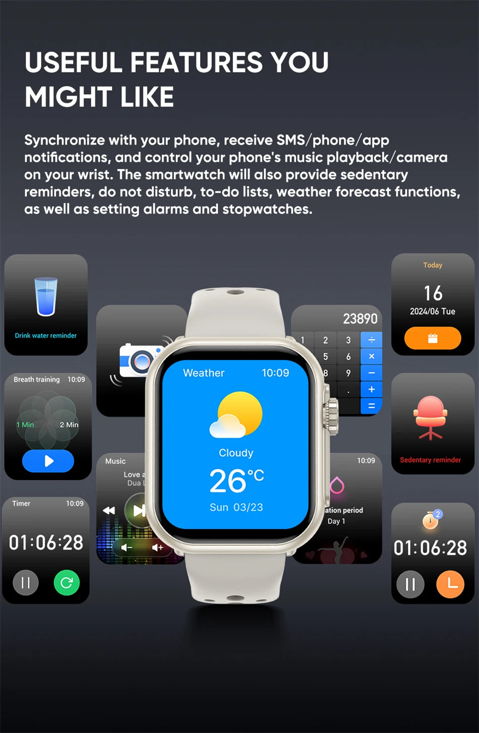 Smart watch Cedar & Moore, white strap with 1.96-inch AMOLED display showing weather