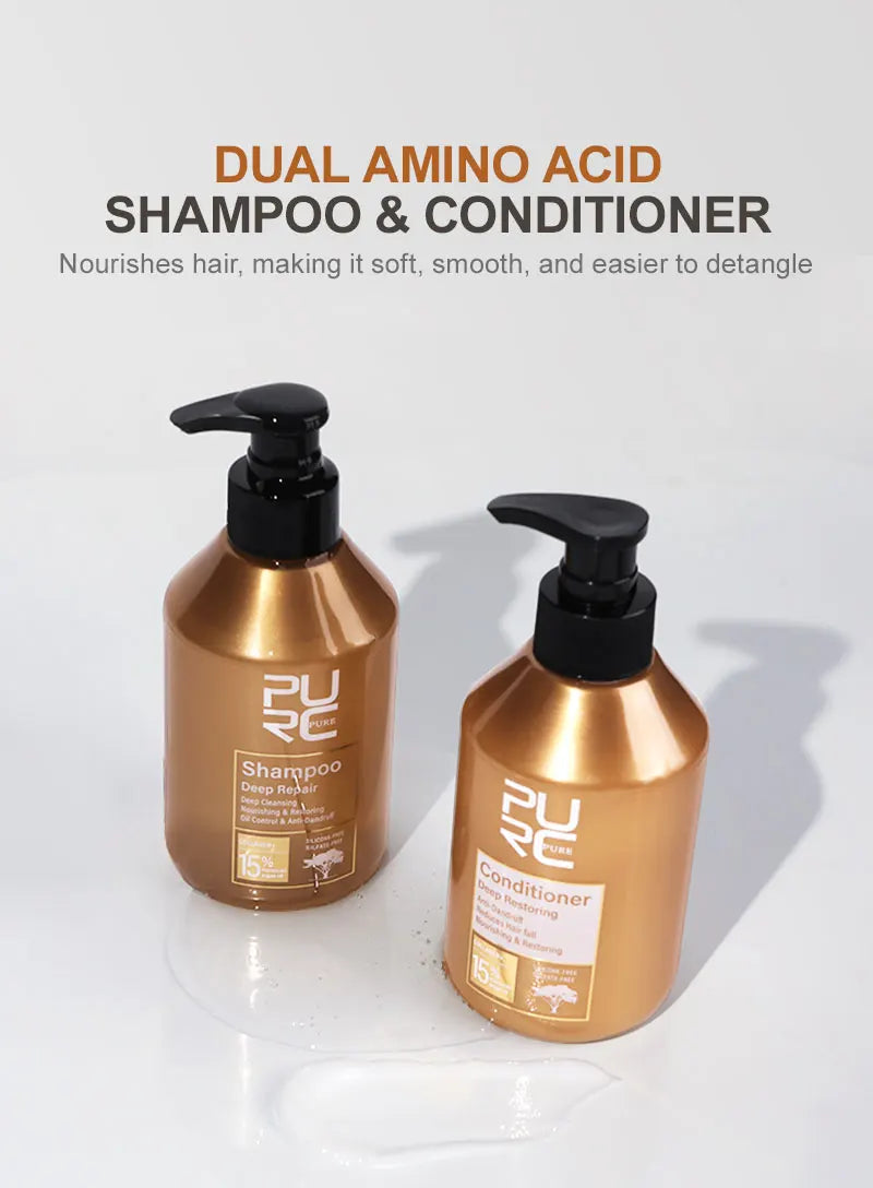 Dual amino acid shampoo and conditioner bottles with black pumps and PURC Pure labels