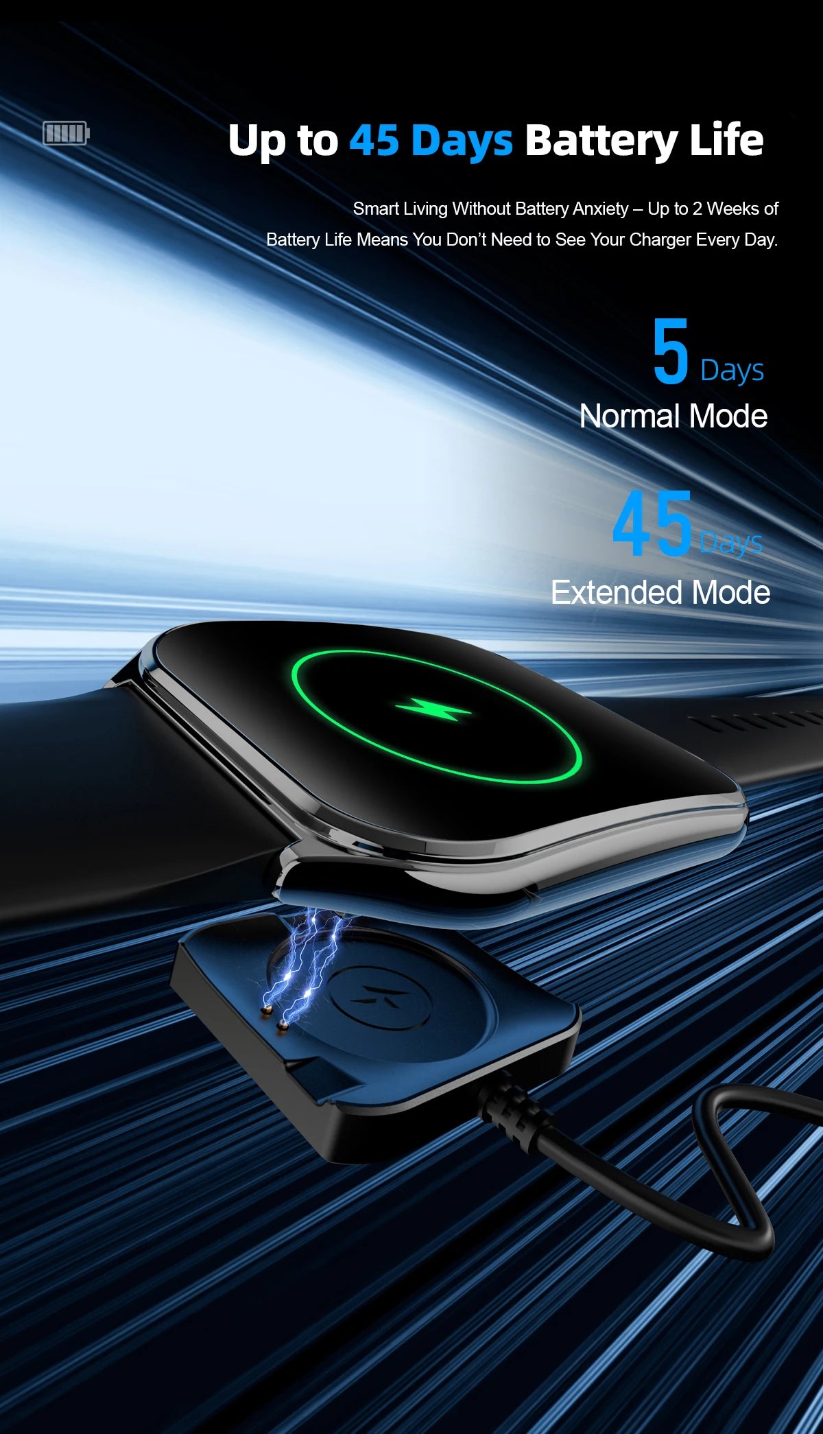 Ultra-thin AMOLED smart watch charging-style graphic with green battery icon