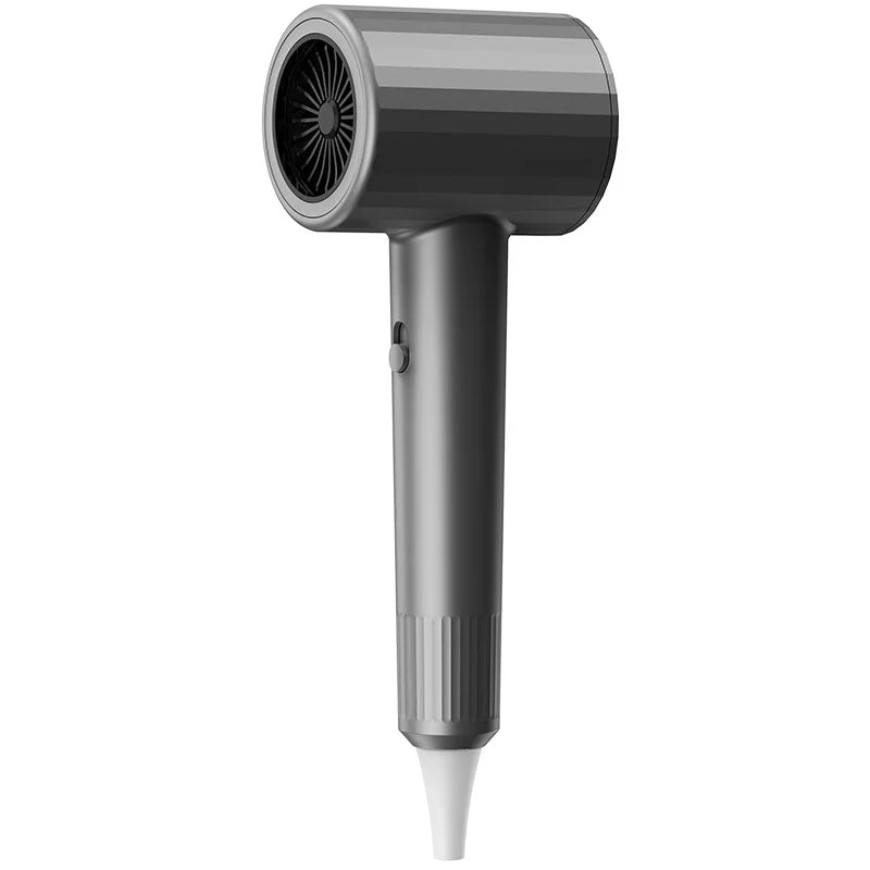 Black hair dryer with magnetic suction nozzle, front view