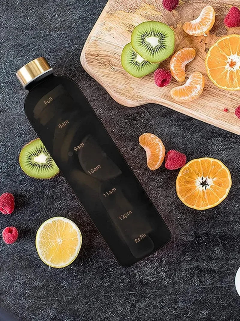 1 Liter Motivational Water Bottle with Time Markers - Sports Hydration Tracker
