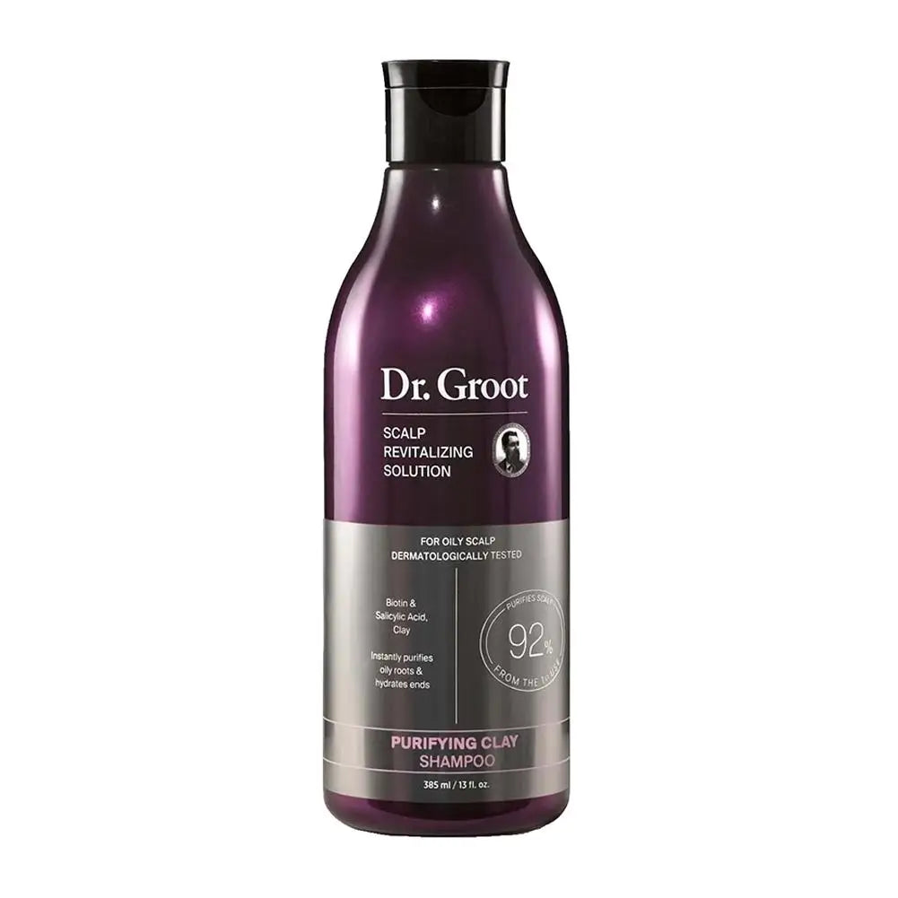 Dr. Groot purifying clay shampoo bottle, purple container, 385 ml, scalp revitalizing solution