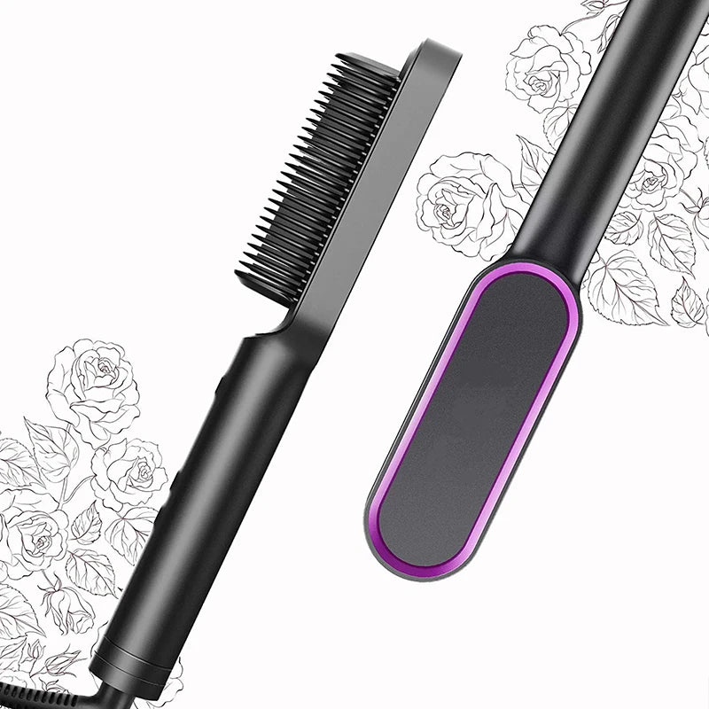 Black hair straightener comb with purple-edged smoothing plate and metal bristles
