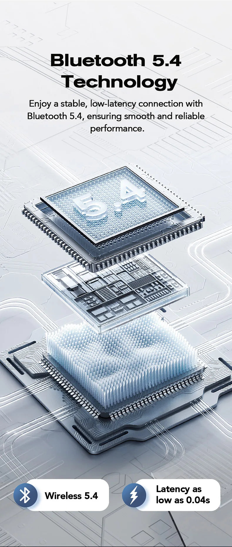 Bluetooth 5.4 earbuds microchip and wireless connection illustration