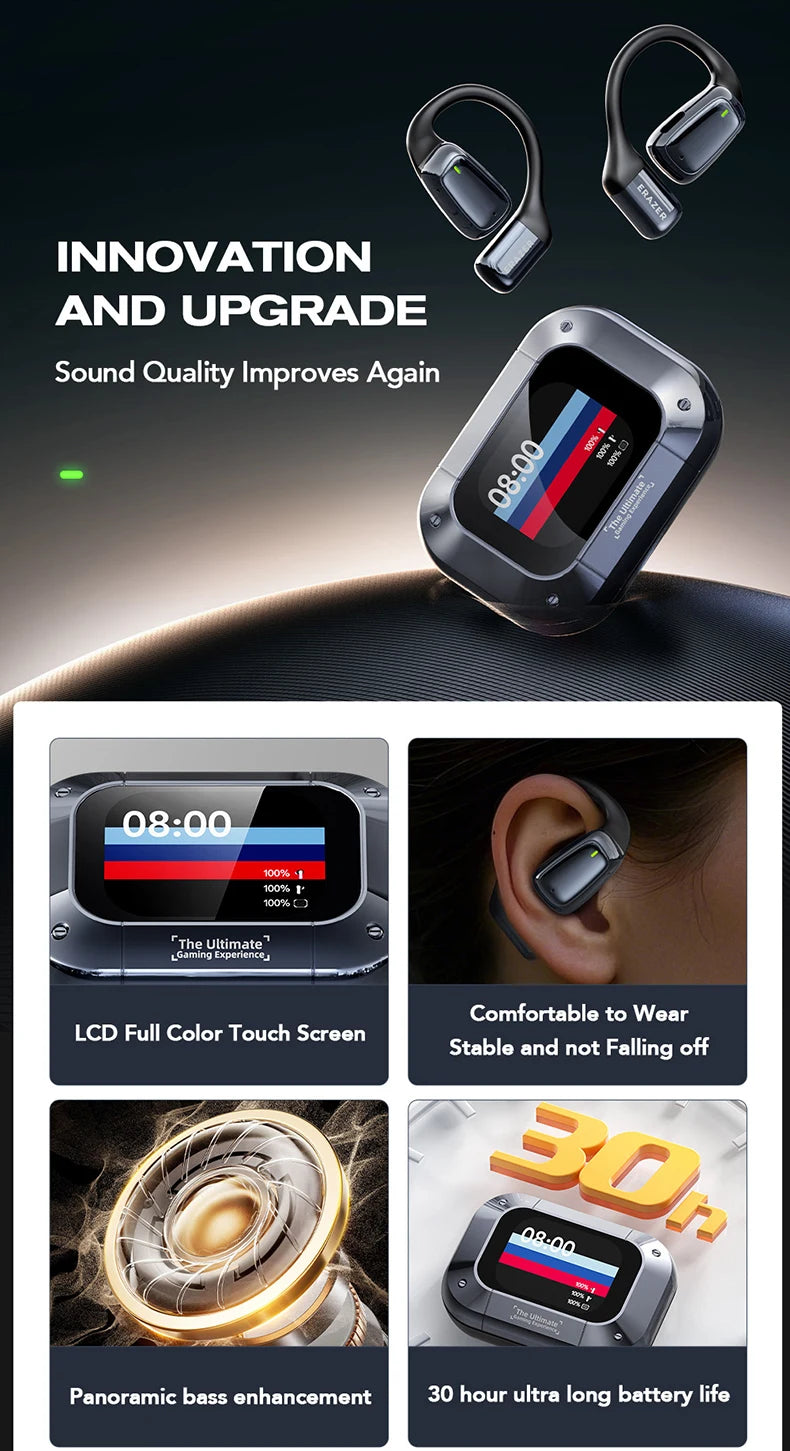 Black earbuds with charging case and LCD touch screen display