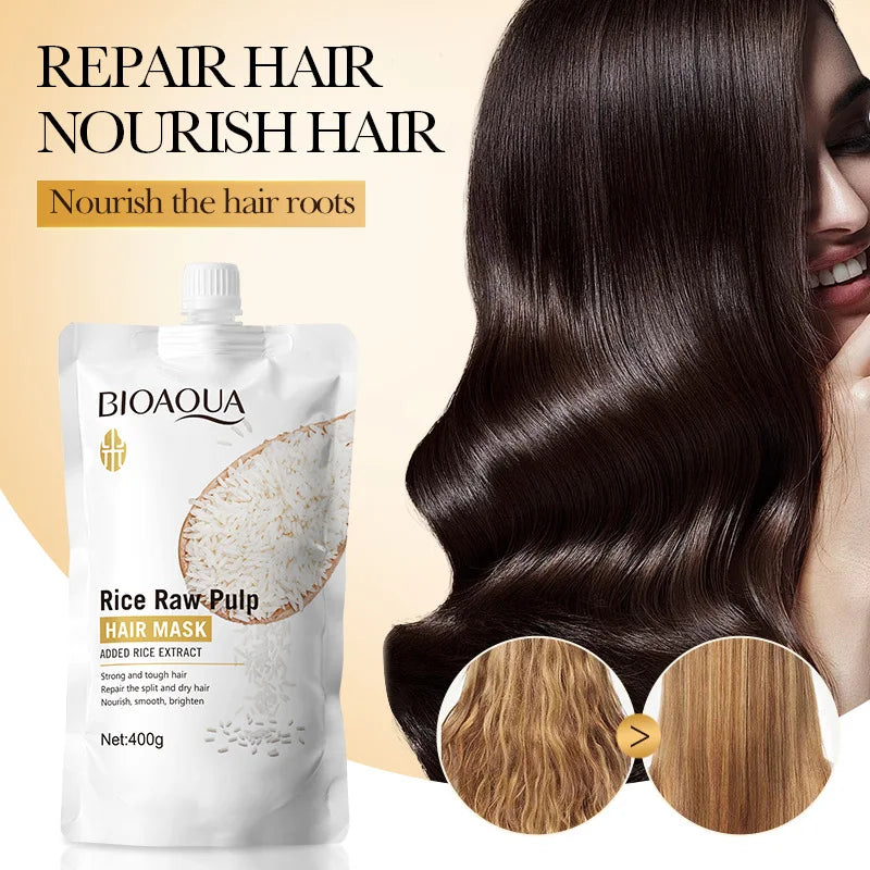Magical Keratin Rice Hair Mask - Rapid Repair Treatment, BioAqua pouch; glossy dark hair