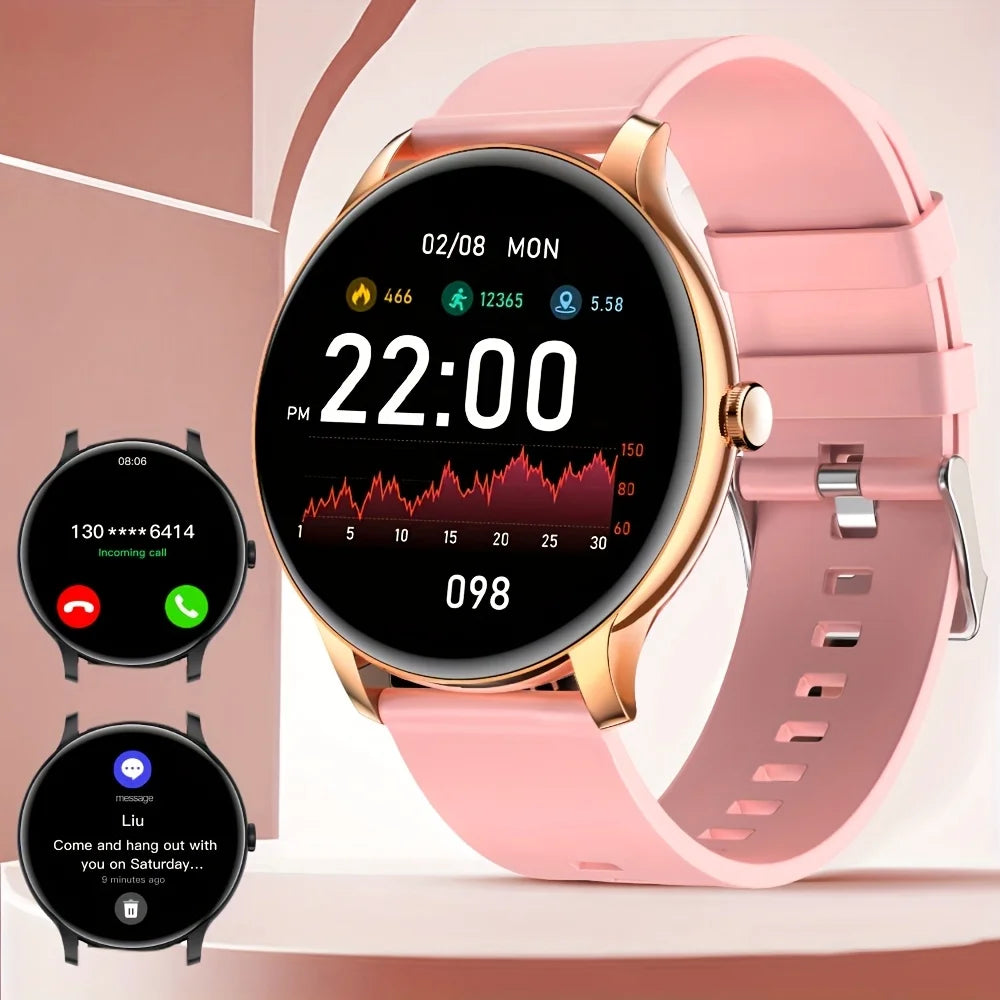 LAXASFIT GT2 Smart Watch Cedar & Moore pink strap, gold-tone case; 3 watches shown
