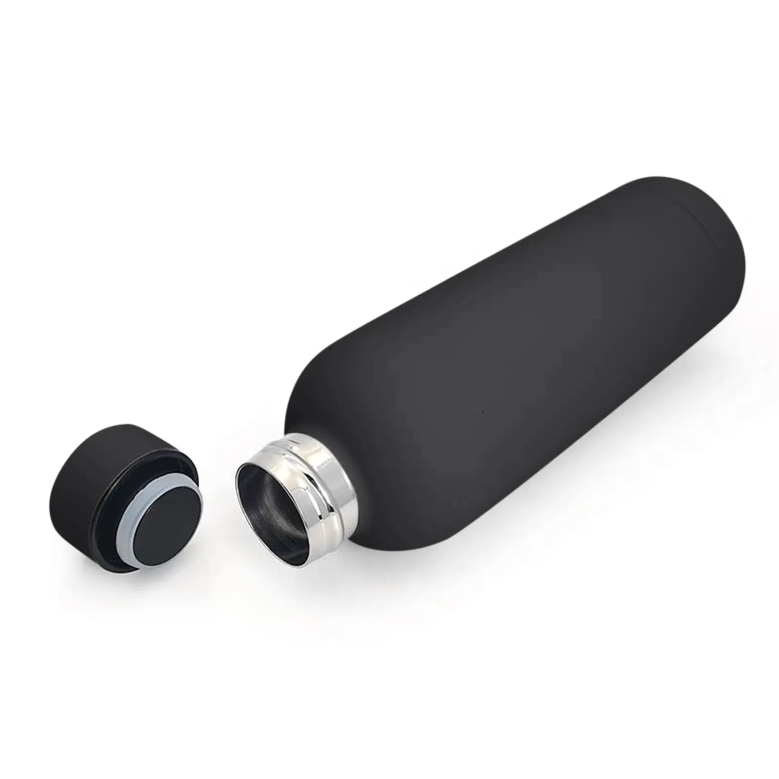500ml insulated stainless steel water bottle by Cedar & Moore, matte black with cap removed