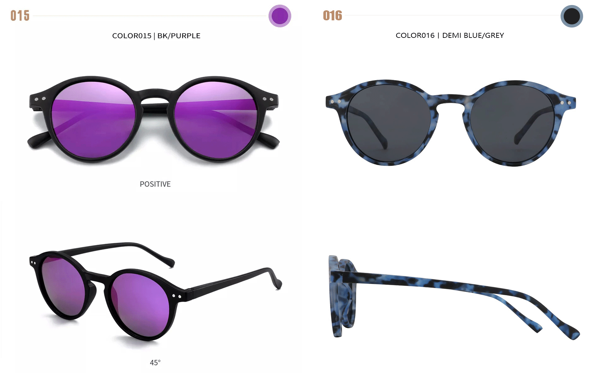 Small round sunglasses: black frame with purple lenses and blue-gray denim frame with dark lenses.