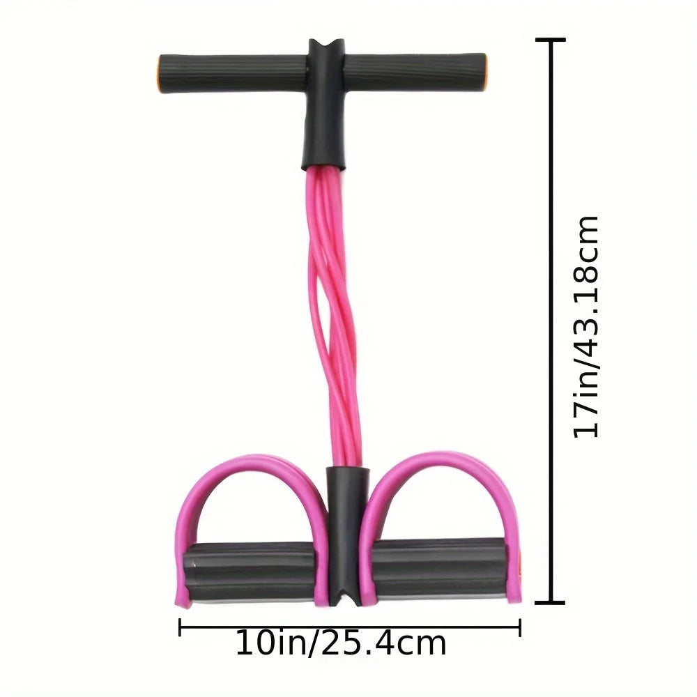 Purple resistance band system with foam handle and U-shaped foot pedals, with dimensions