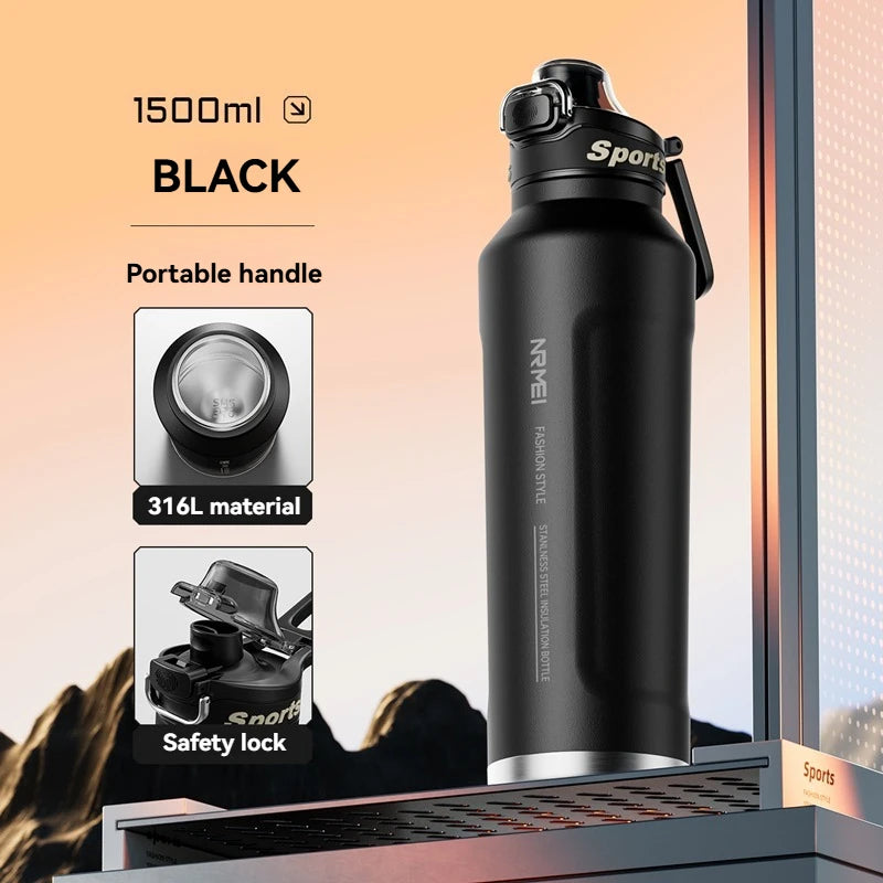 Insulated sports water bottle, black, with carry handle and black cap, 1.5L