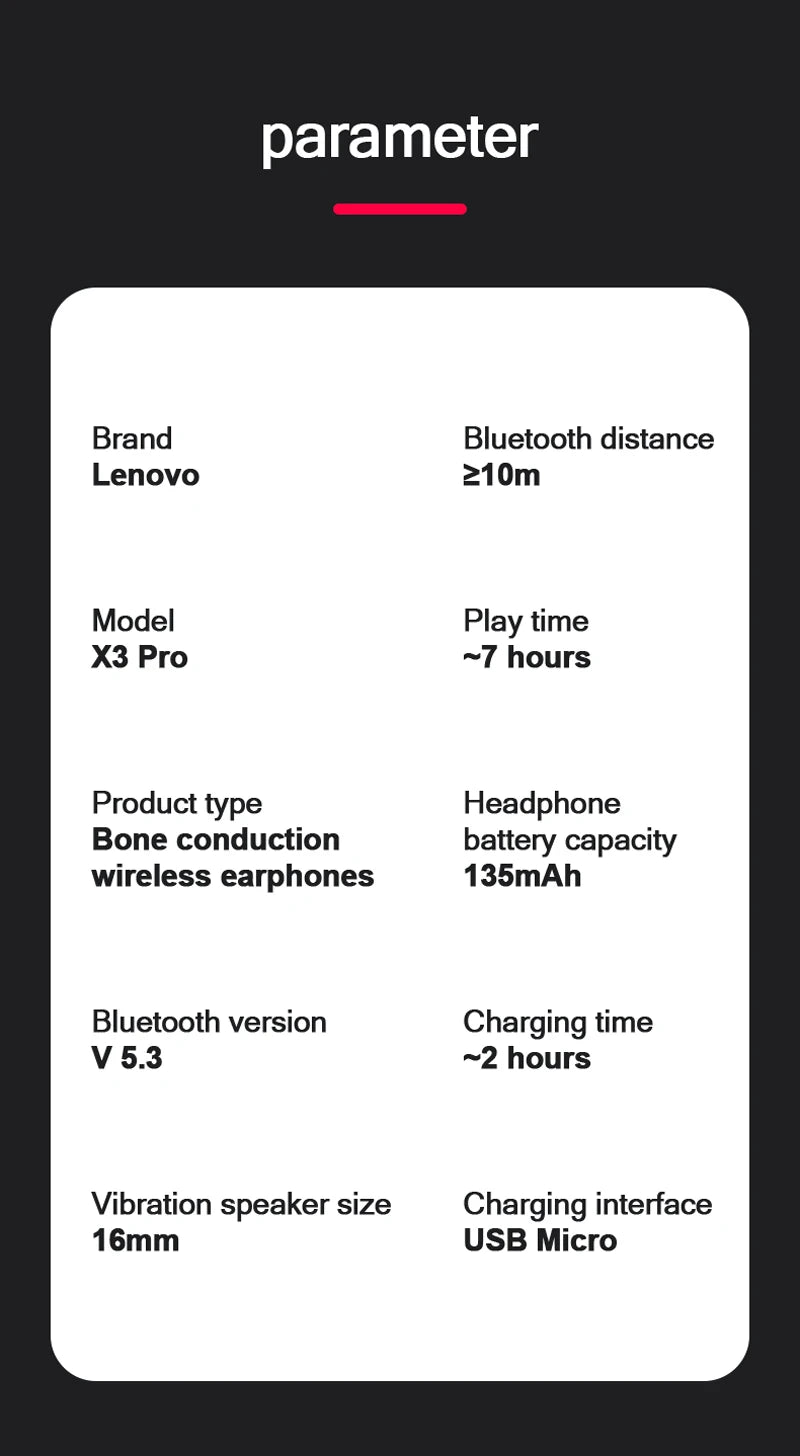 Specification panel listing Bluetooth distance and battery details for X3 Pro headphones