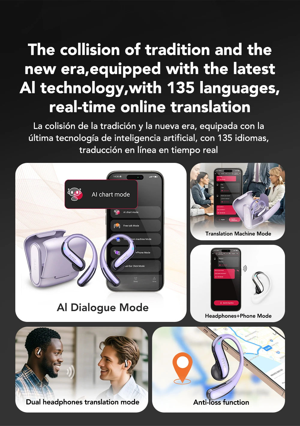 HTC NE23 OWS Open-Ear Headphones - Wireless with 6.0 Translation & Dual Noise Reduction