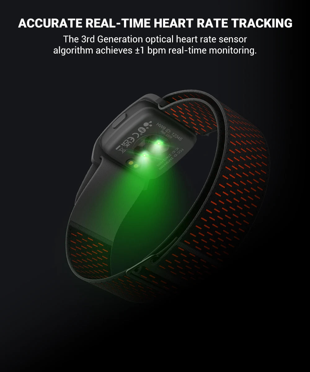 HW9 armband heart rate monitor close-up with glowing green sensor light