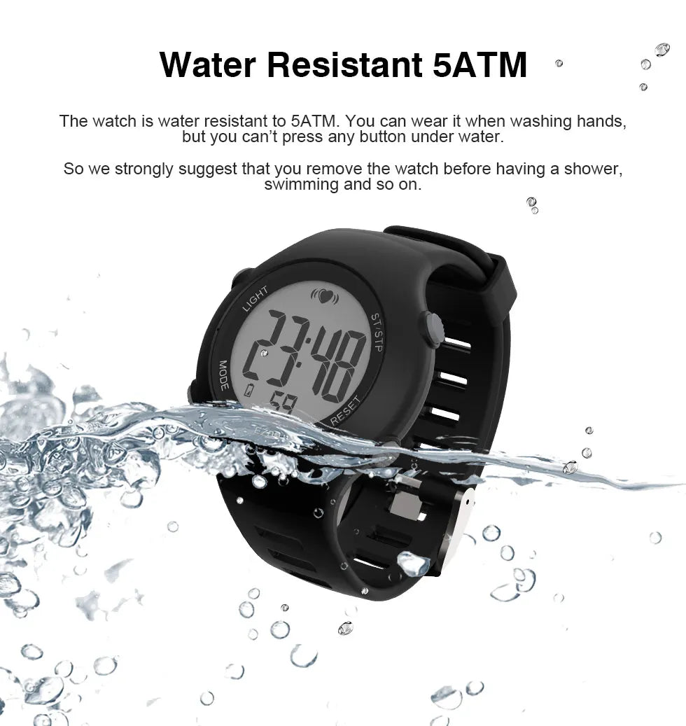 Digital sports heart rate monitor watch with black silicone strap and protective case