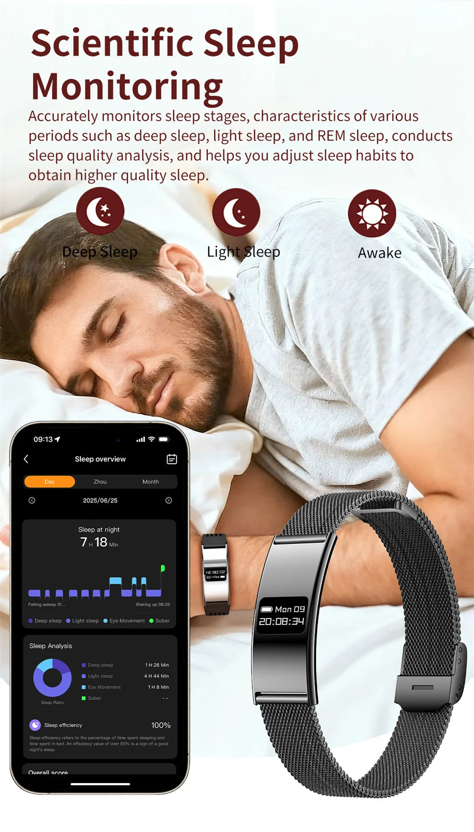 Fitness tracker bracelet with dark gray mesh strap and black display