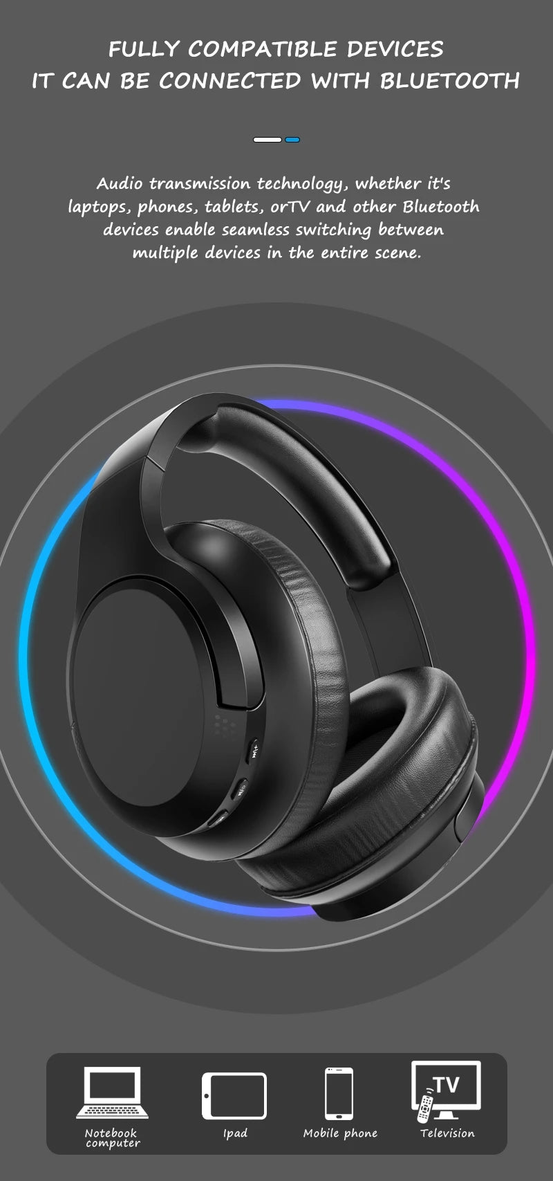 Over-ear Bluetooth wireless headset with illuminated LED accent