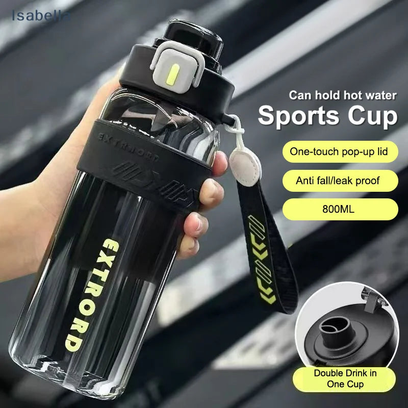 Black sports water bottle with pop-up lid, drinking straw, and carry strap, 800 ml size.