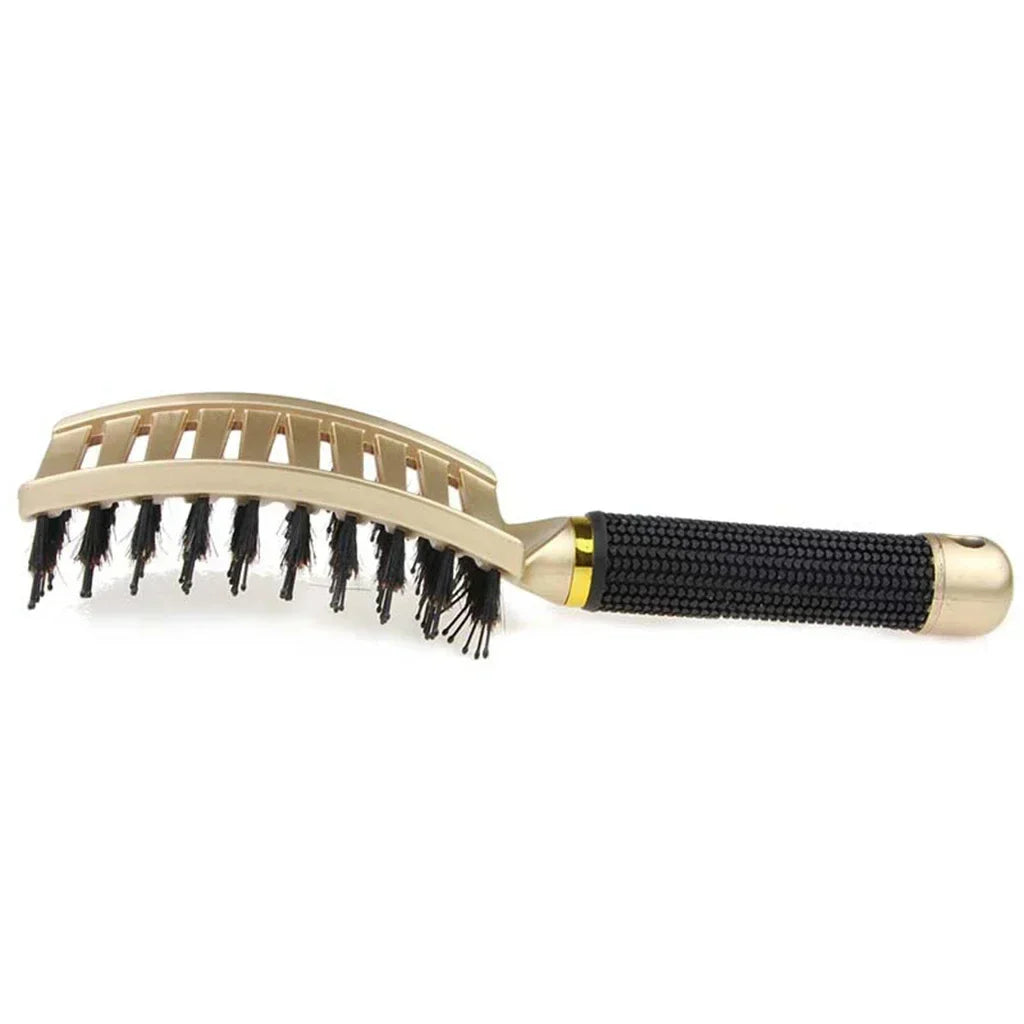 Vented boar bristle detangling hairbrush with black textured grip and gold-toned cushion