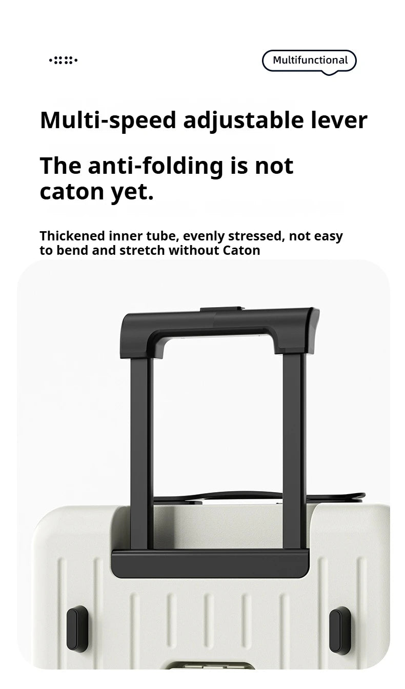 Carry-on suitcase with telescoping handle and dark wheels on an aluminum frame