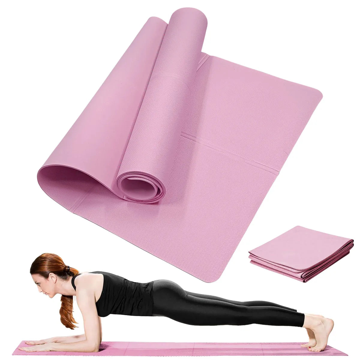 Pink 4mm EVA yoga mat rolled and stacked for storage