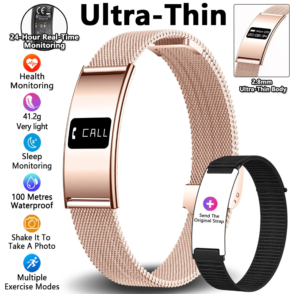 Rose gold ultrathin fitness tracker bracelet with OLED screen and dark strap shown