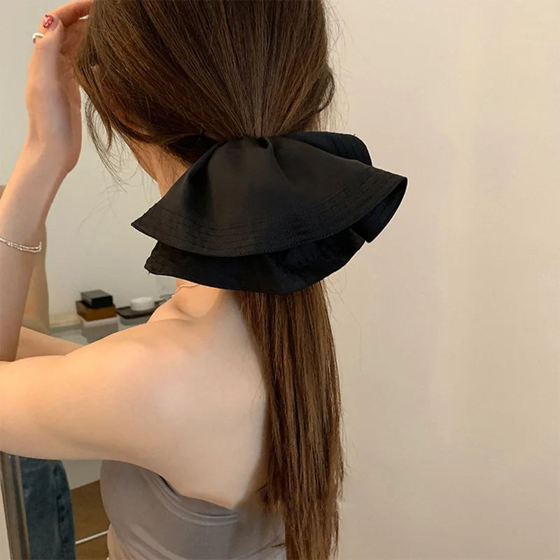 Black Pleated Large Hair Scrunchies - Elegant Fabric Ponytail Holders