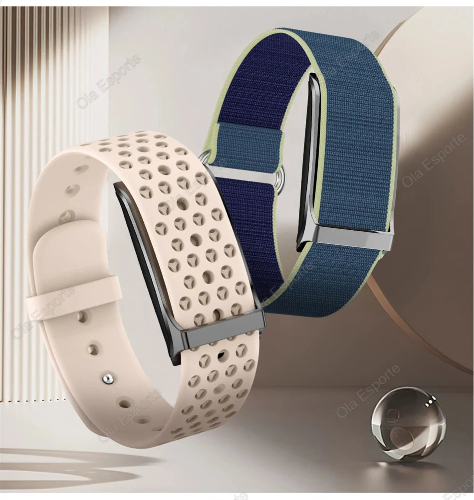 Fitness tracker smartwatch with white perforated band and blue fabric strap