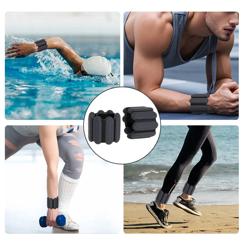 Adjustable wrist and ankle weight straps, shown worn on hands and feet