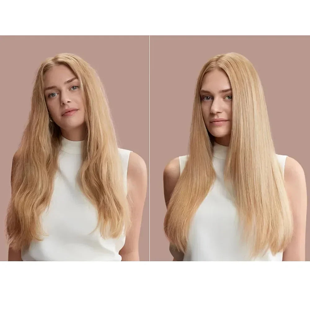 Hair styling result on blonde hair, smooth and straightened look