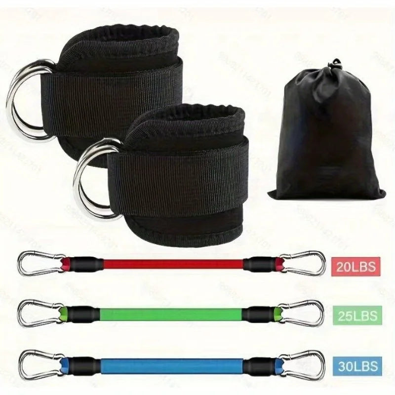Black resistance band set with ankle cuffs, color tension bands, and storage pouch