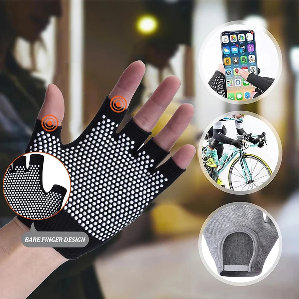 Black half-finger gloves with white grip dots and touchscreen fingertips
