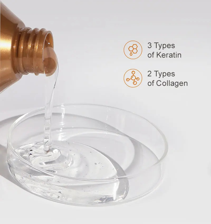 Clear gel being poured into a dish, with keratin and collagen icons