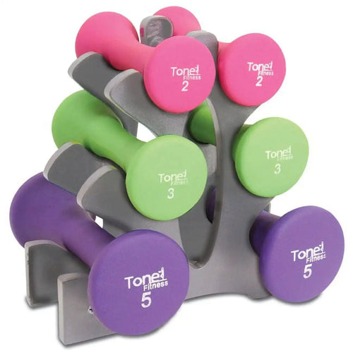 6-Piece Neoprene Dumbbell Set with A-Frame Rack - 2lb, 3lb, 5lb Pairs (20lb Total)