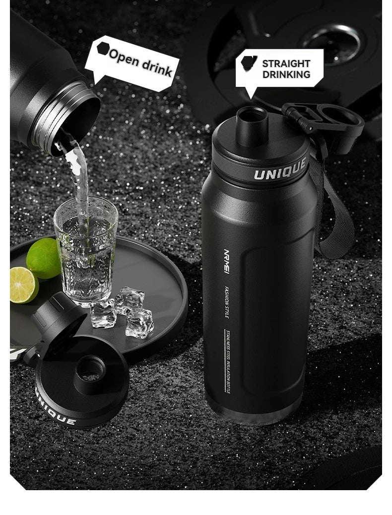 Insulated sports bottle with open-drink spout and straight-drinking cover