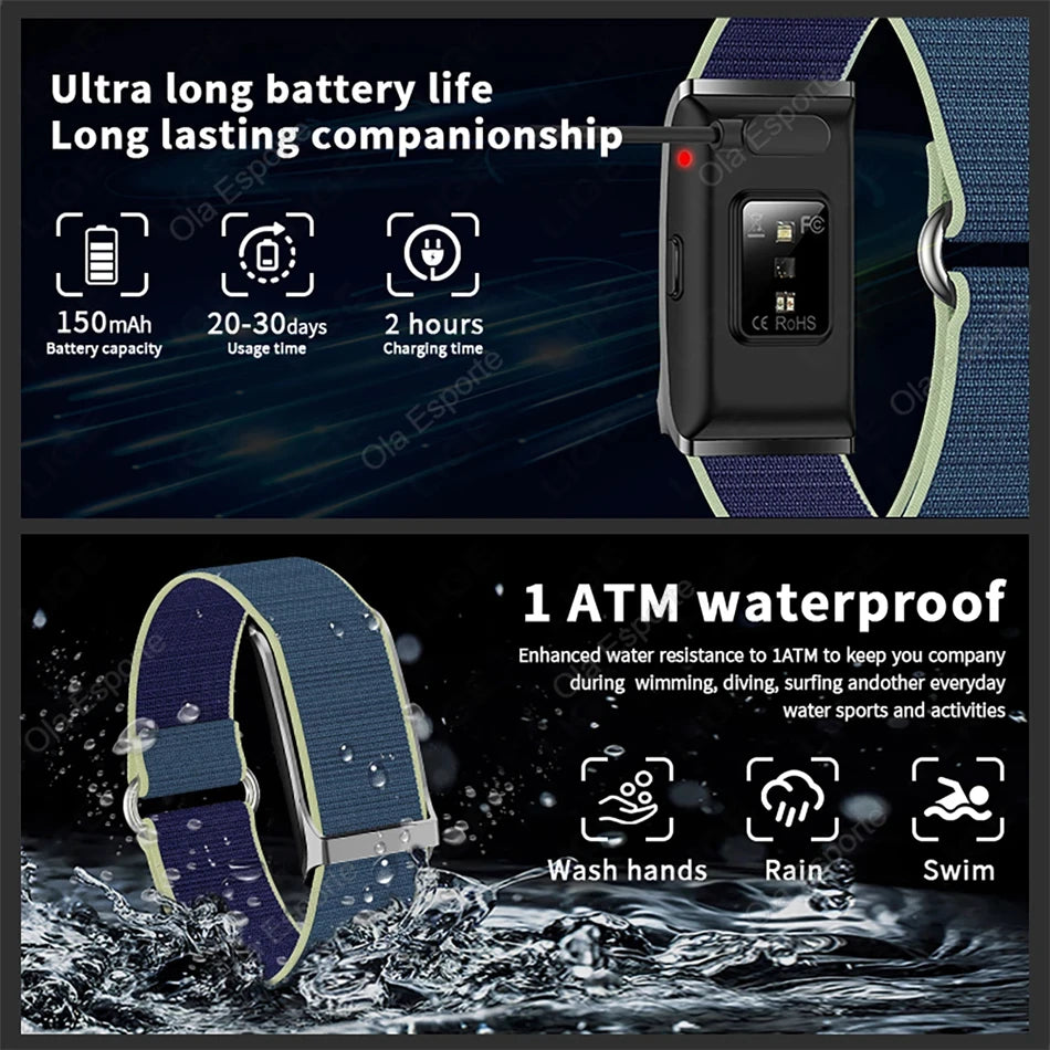 Blue fabric smart fitness tracker bracelet with dark watch module and water droplets