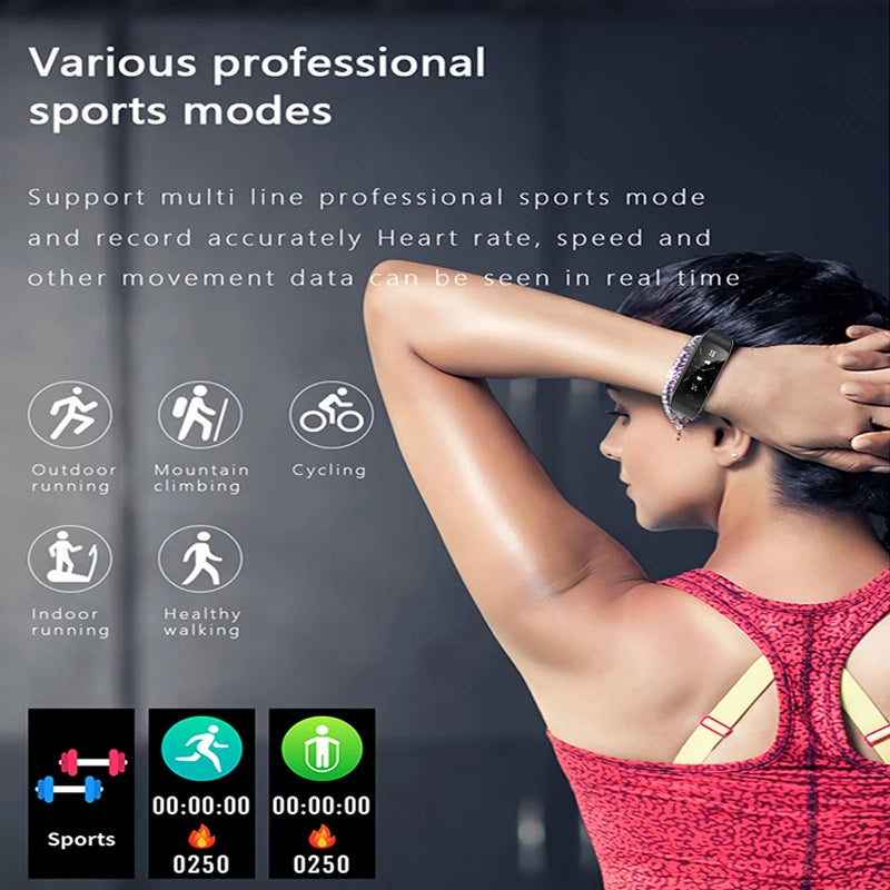 Wrist-worn sport smart watch with dark screen, featuring fitness mode icons