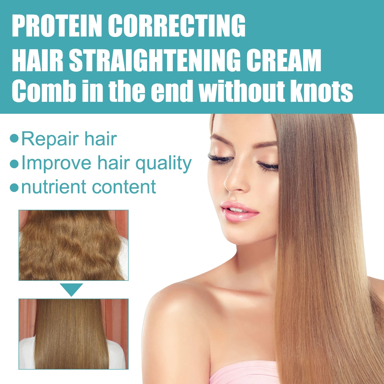 Keratin Straightening Cream 60ml Cedar & Moore; model with sleek long hair and before/after frizz repair images