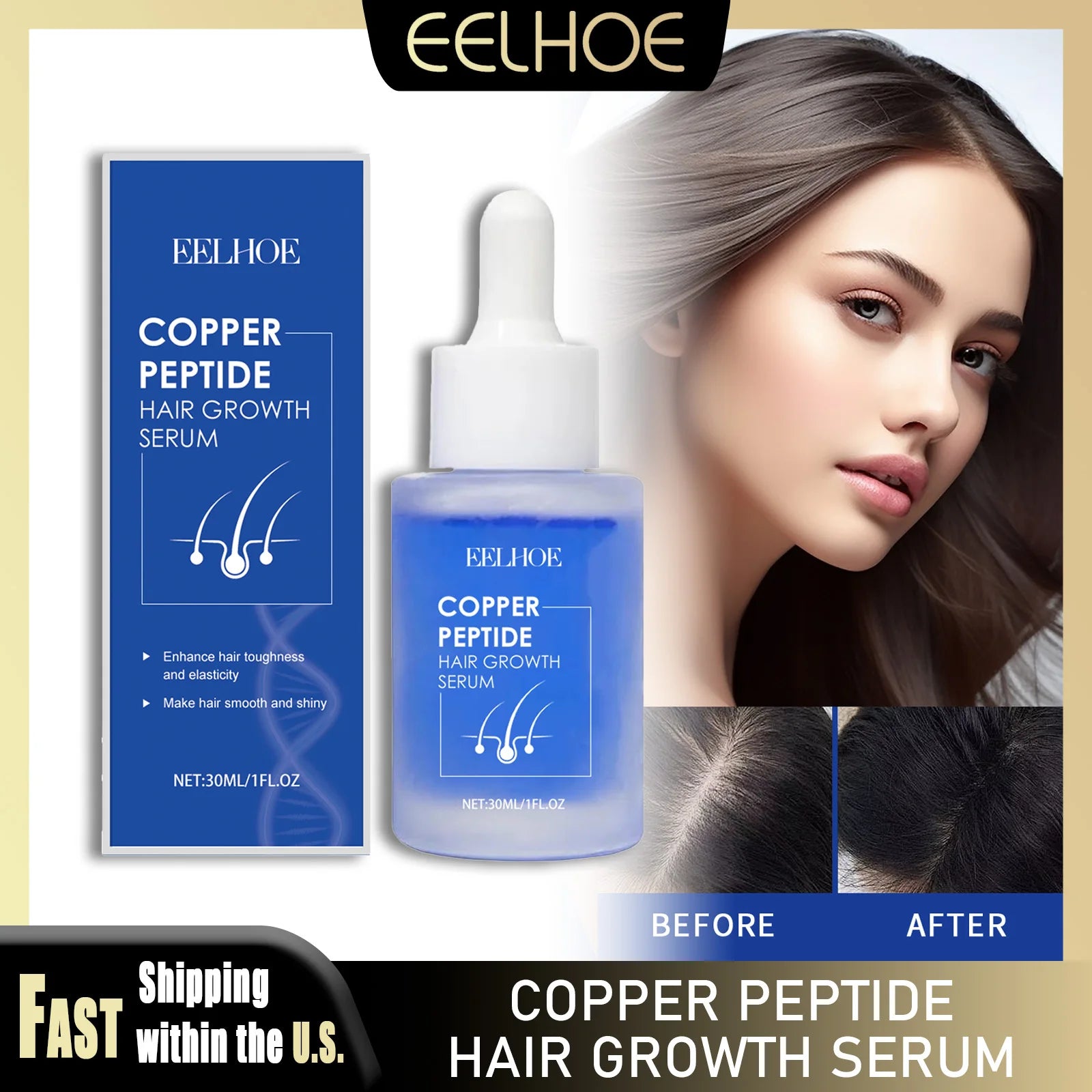 Hair serum bottle with blue label and white dropper, plus product box