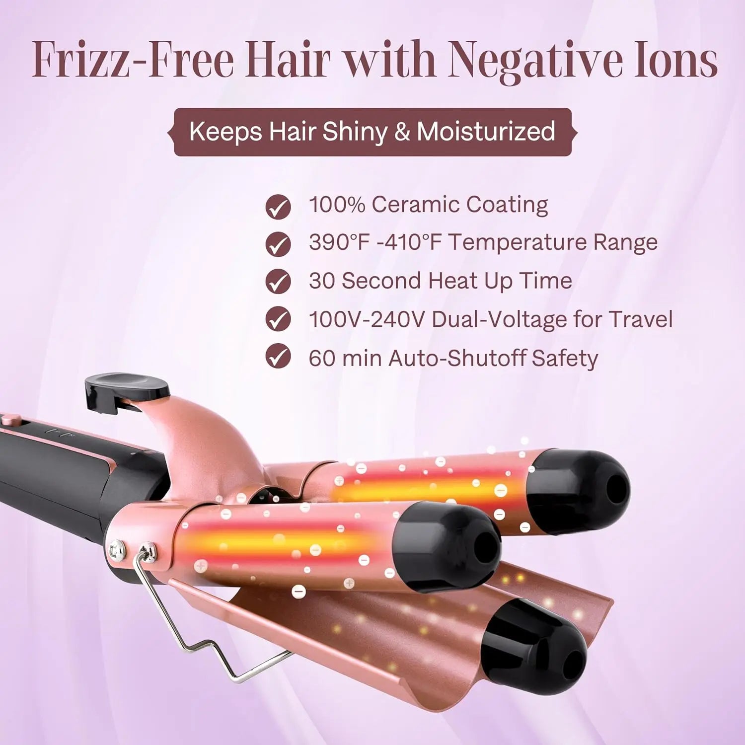 Three-barrel curling iron with rose-gold barrels and black clamp heads