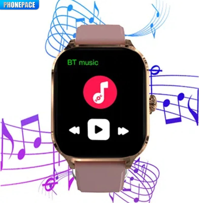 Smartwatch with BT music player controls on a dark screen and light pink band