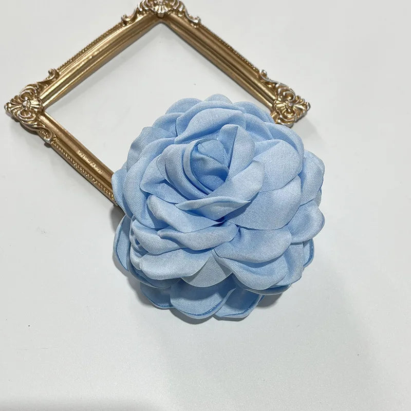 Light blue fabric rose flower hair claw clip with gold-tone frame, 1 barrette