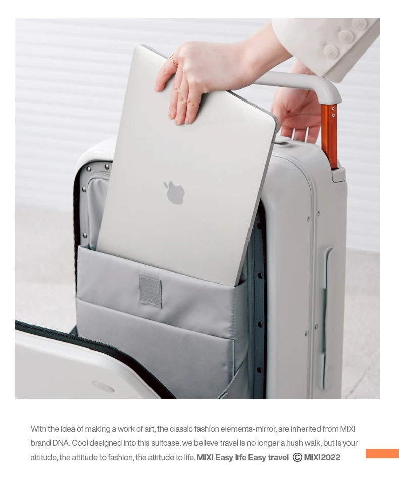 Light gray carry-on suitcase with open top organizer and side zipper panel