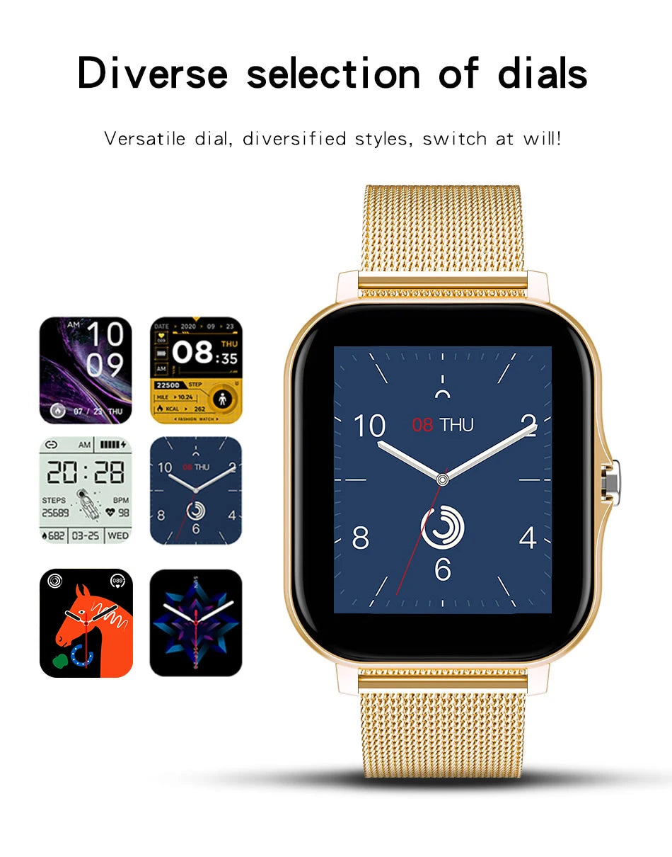 Gold mini smart watch with mesh strap and square dial on touchscreen