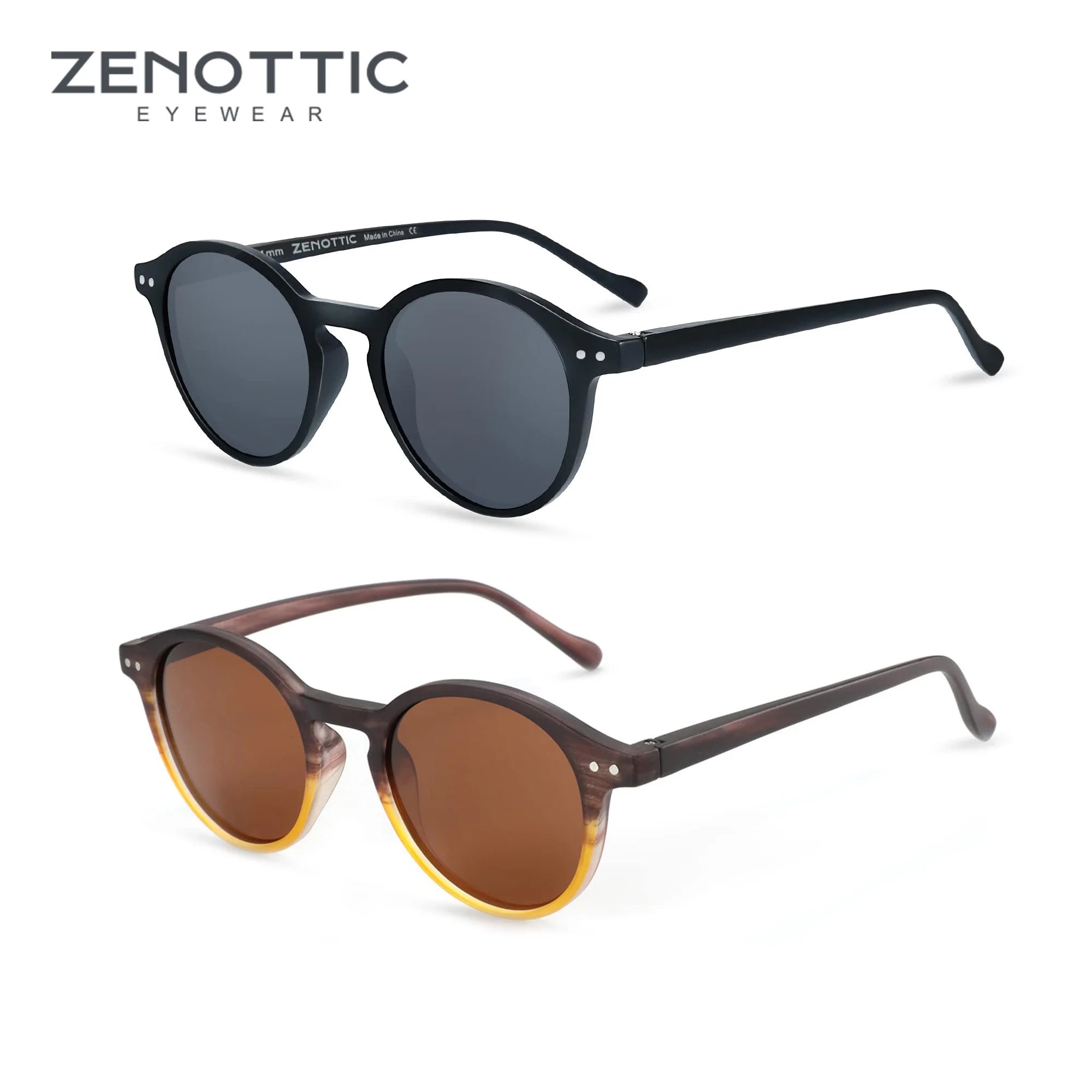 Retro small round sunglasses, brown lenses, black-brown frame with curved temples