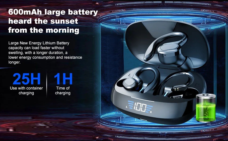 Wireless earhook earbuds charging case with earbuds, dark black finish